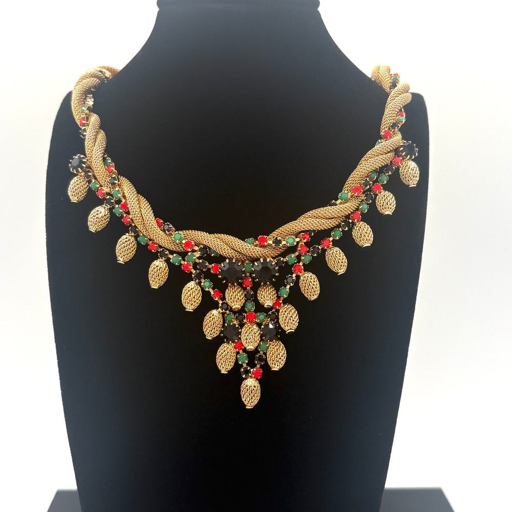 Vintage Hobé Jewel‑Tone Mesh Bib Necklace, Signed 1950s–60s Statement Piece
